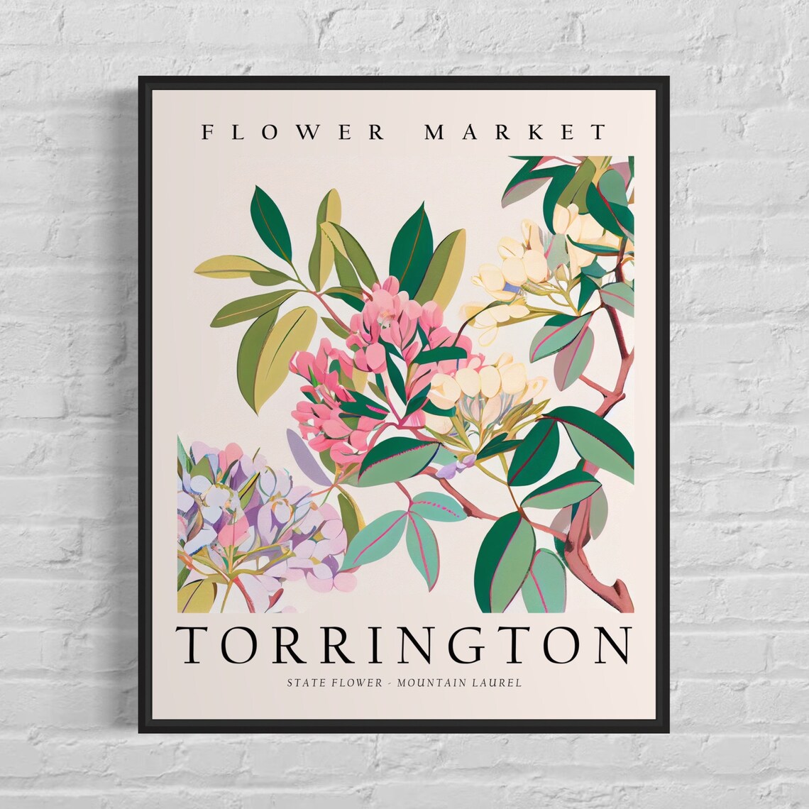 Vintage Torrington Connecticut Mountain Laurel Flower Market Art Poster