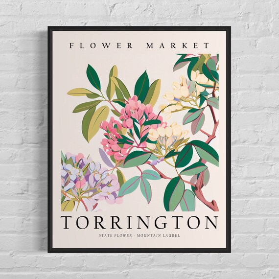Vintage Torrington Connecticut Mountain Laurel Flower Market Art Poster