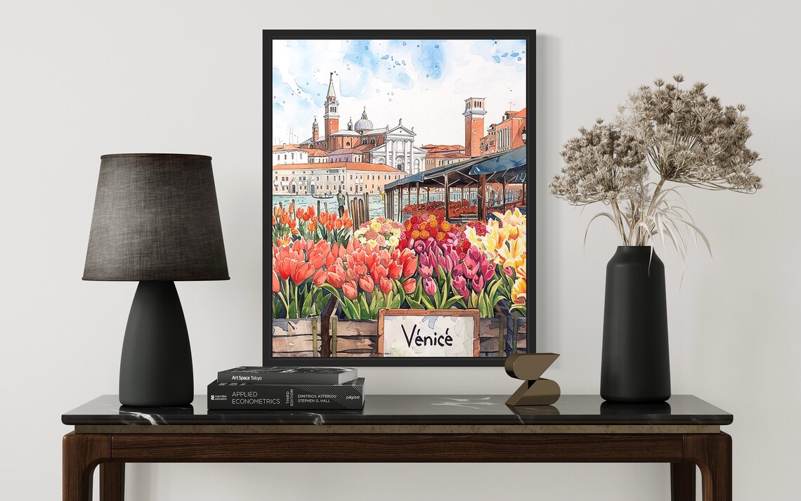 Venice Italy Grand Canal Tulip Watercolor Market Scene Poster - Image 3