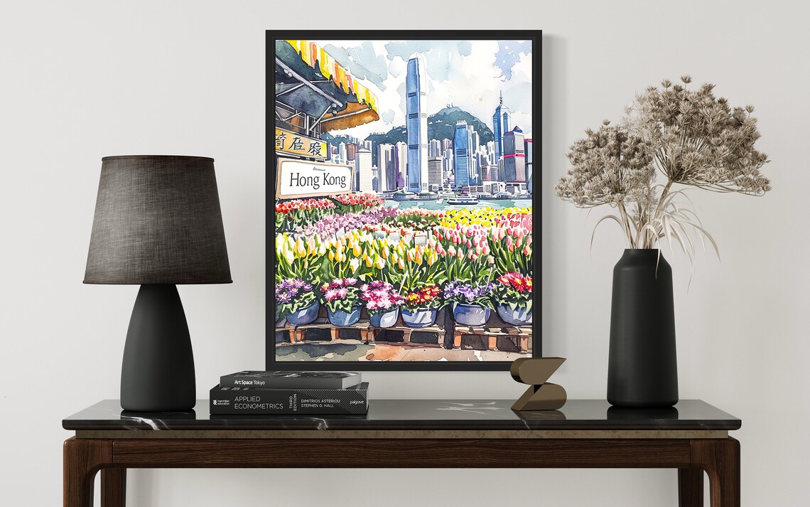 Hong Kong Flower Market Watercolor Poster Victoria Harbour View - Image 2