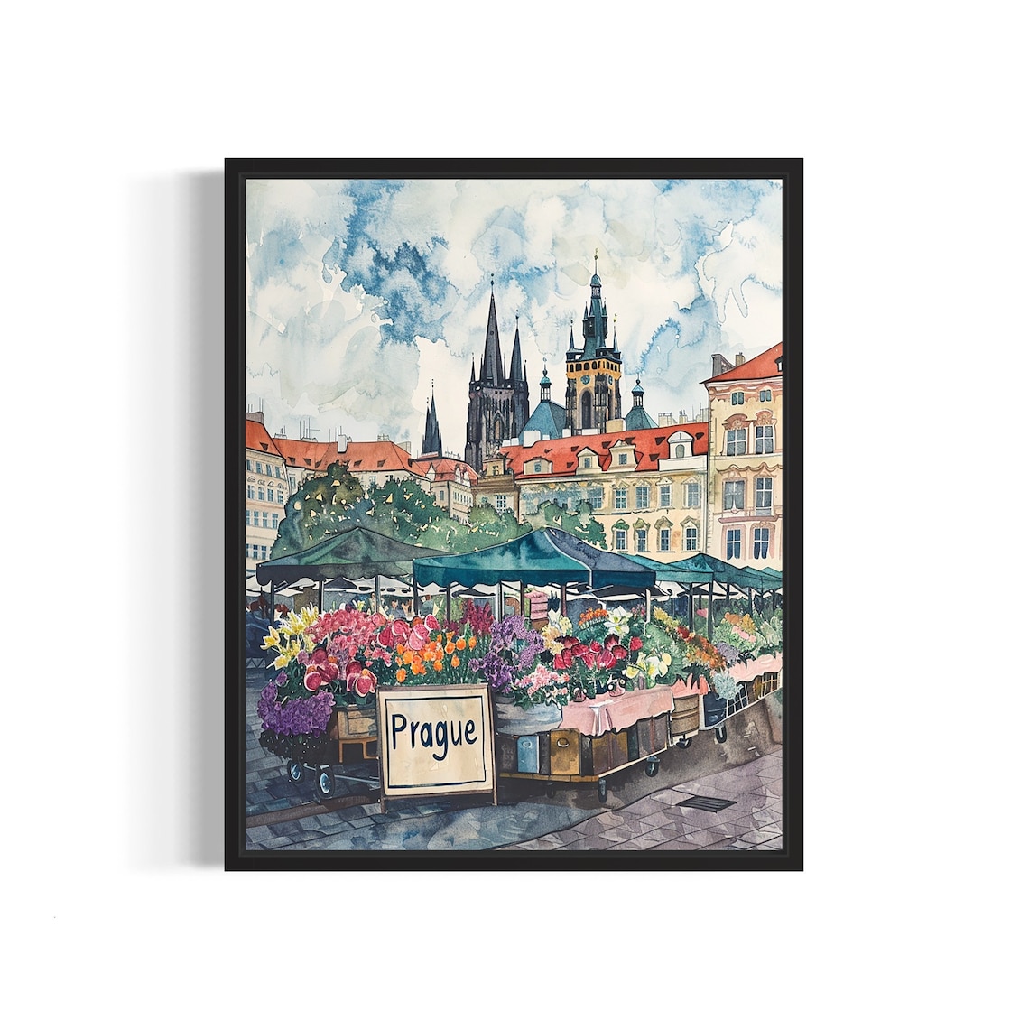 Prague Czech Old Town Spires Watercolor Flower Market Poster