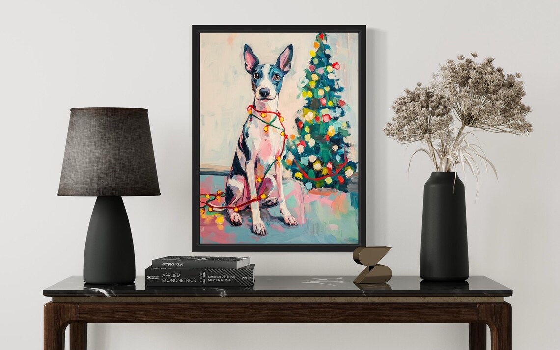 Whippet Dog Wrapped in Red Christmas Lights by Holiday Tree Poster - Image 3