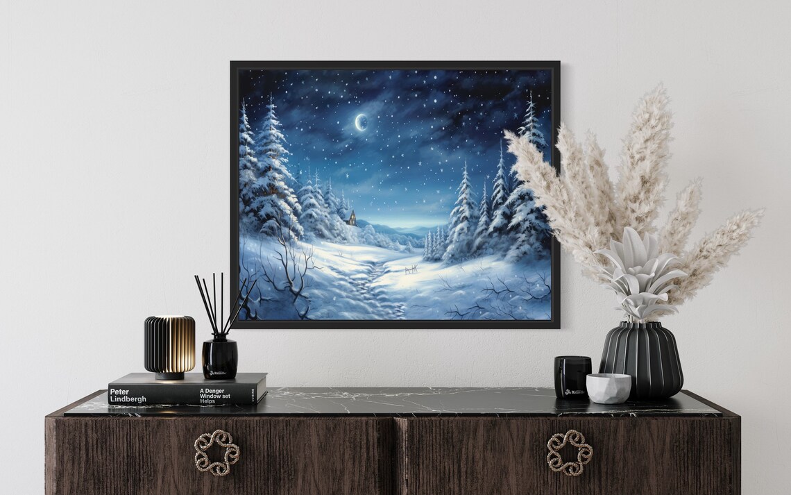 Winter Night Snowfall Crescent Moon Forest Landscape Art Print - Image 2