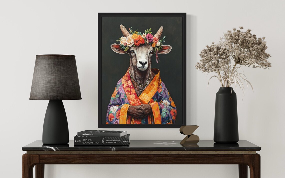 Ibex Portrait In Ornate Floral Kimono With Rose Flower Crown Art Print - Image 2