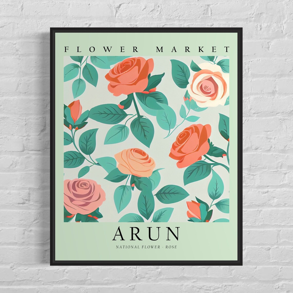 Flower Market Arun Rose Pink Coral Roses Green Leaf Botanical Poster