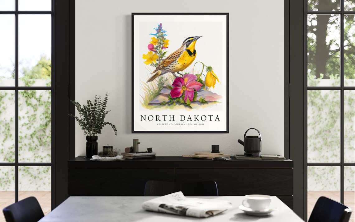 North Dakota Meadowlark Prairie Rose Bird Watercolor Print Art - Image 3