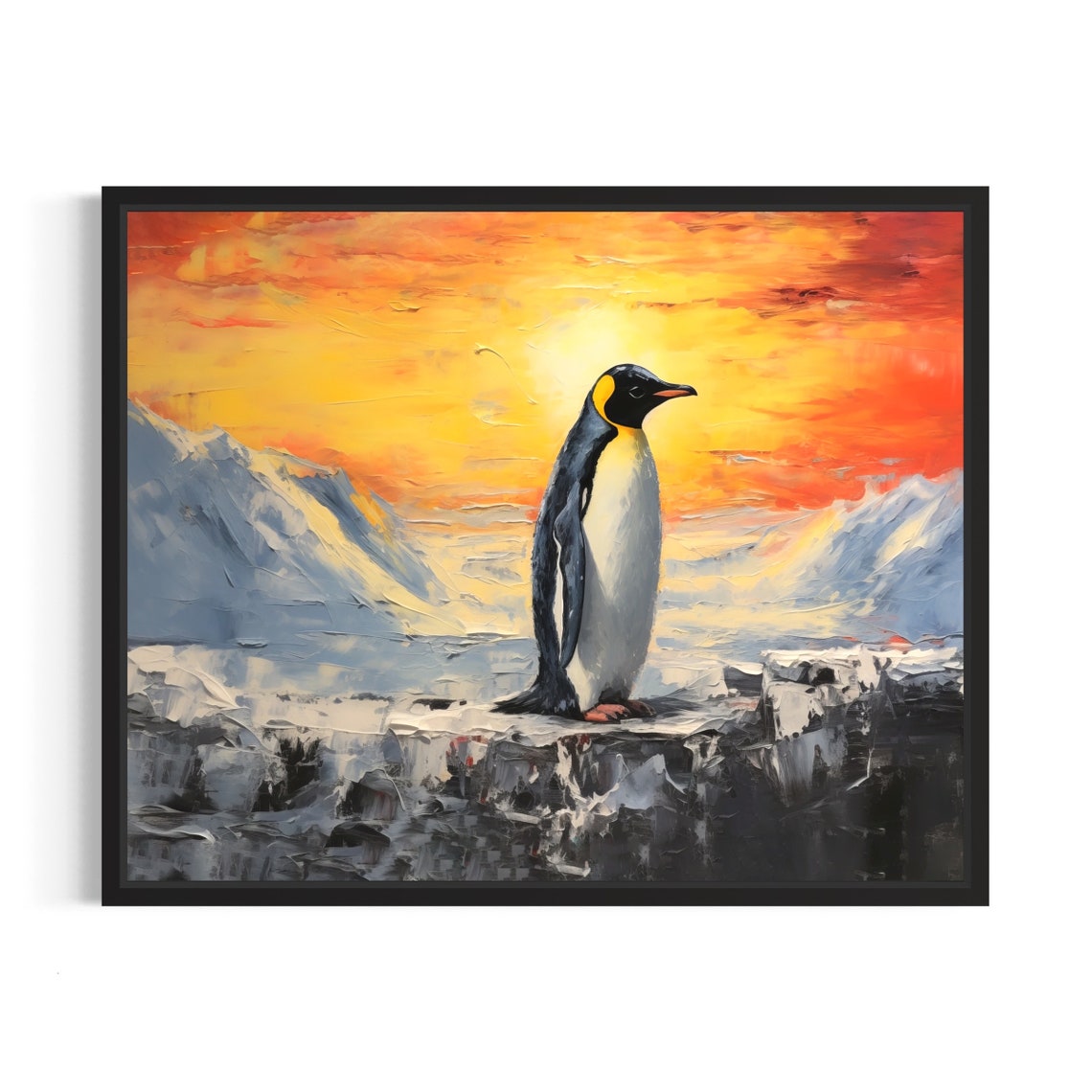Emperor Penguin on Ice Ledge Sunset Oil Painting Style Poster