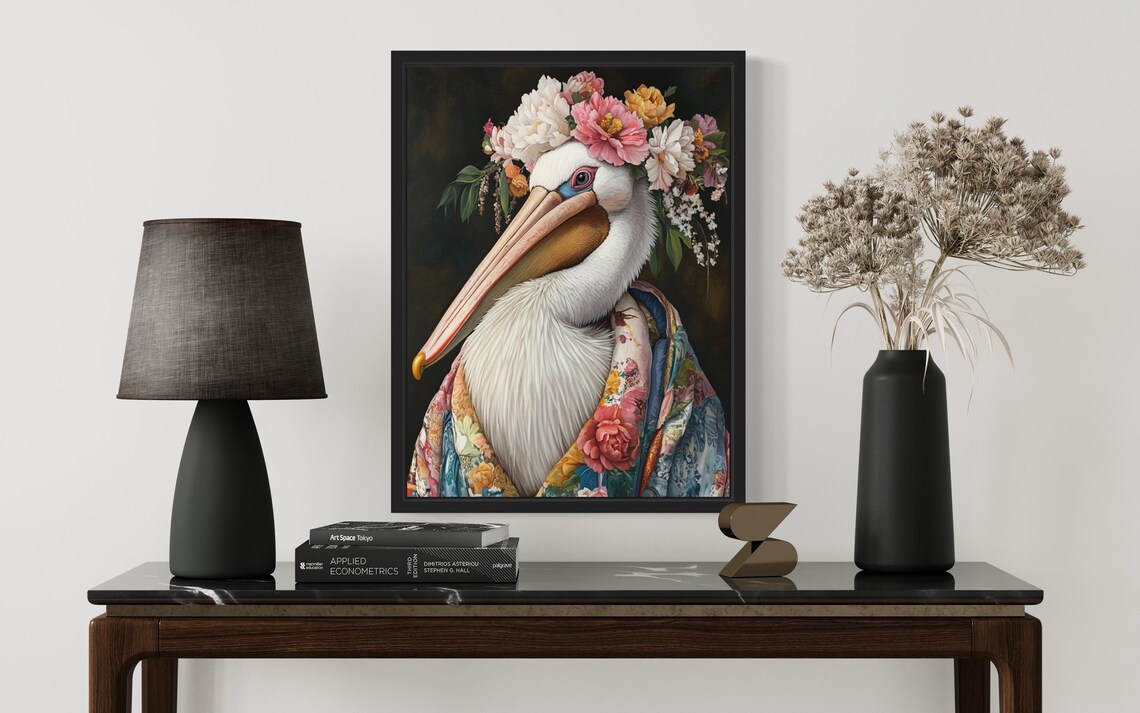 White Pelican With Blush Flower Crown In Floral Kimono Bird Art Print - Image 2