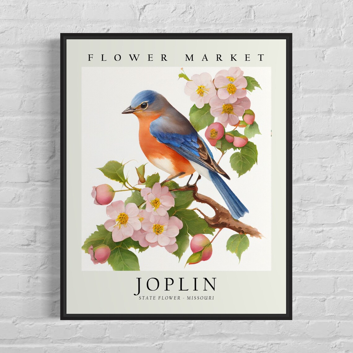 Joplin Missouri Flower Market Bluebird and Blossom Botanical Poster