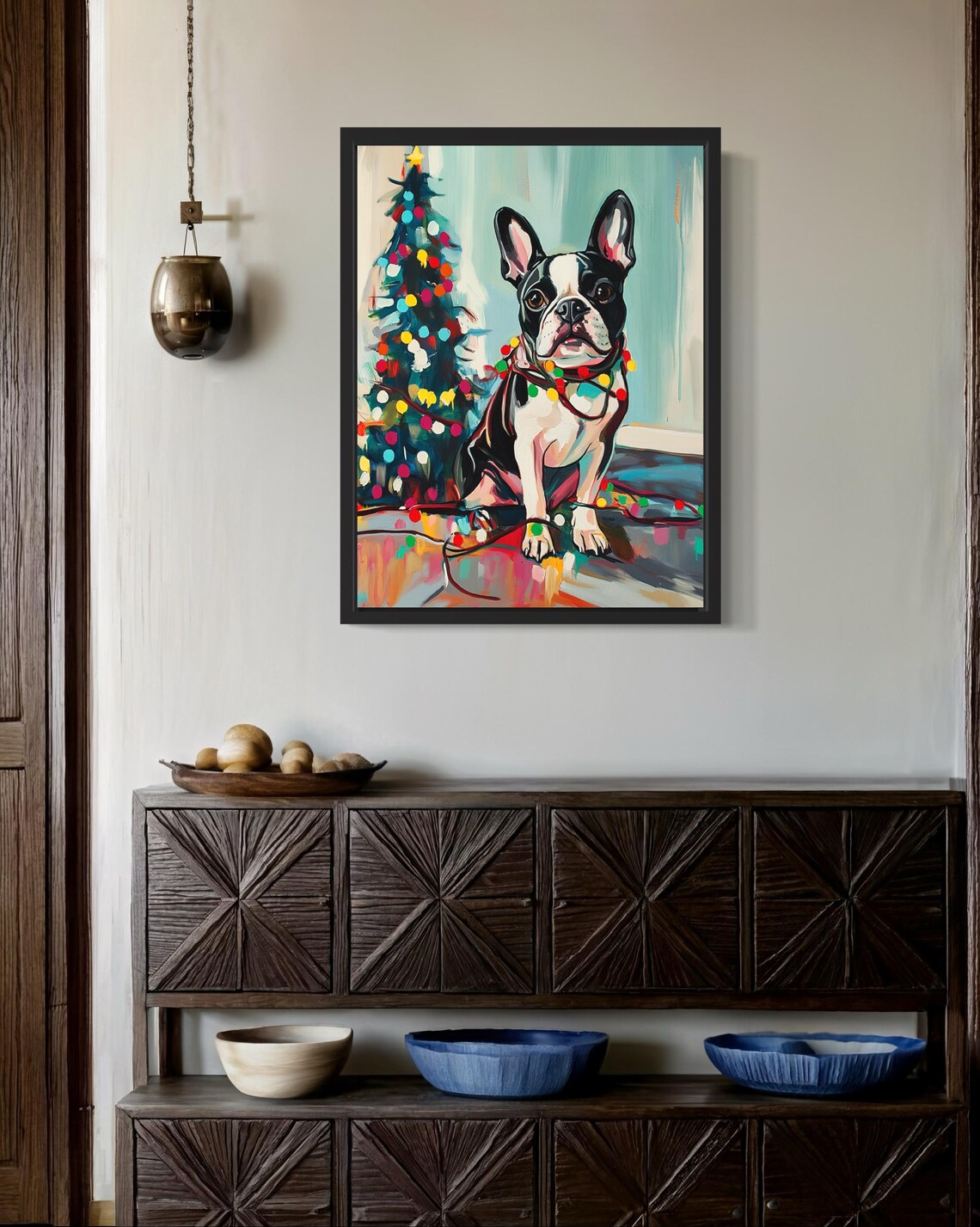 Boston Terrier Tangled In Christmas Lights Art Print - Image 3
