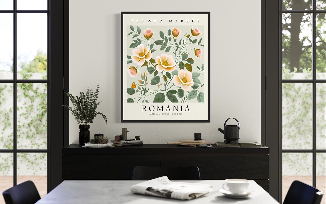 Romania Flower Market Wild Dog Rose Botanical Illustration Poster - Image 3