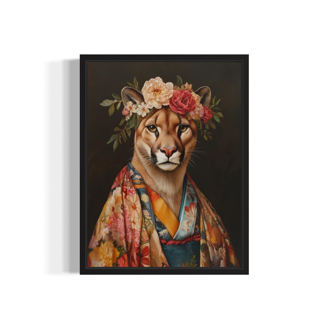Puma Mountain Lion With Flower Crown In Colorful Kimono Art Print