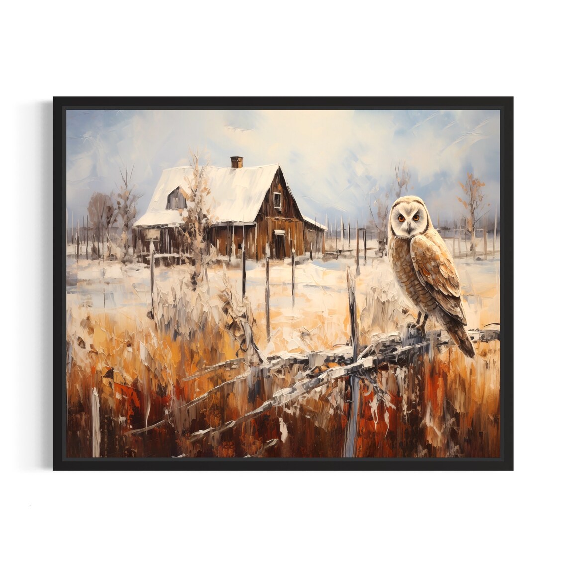 Owl Perched by Snowy Barn in Golden Winter Field Painting Poster