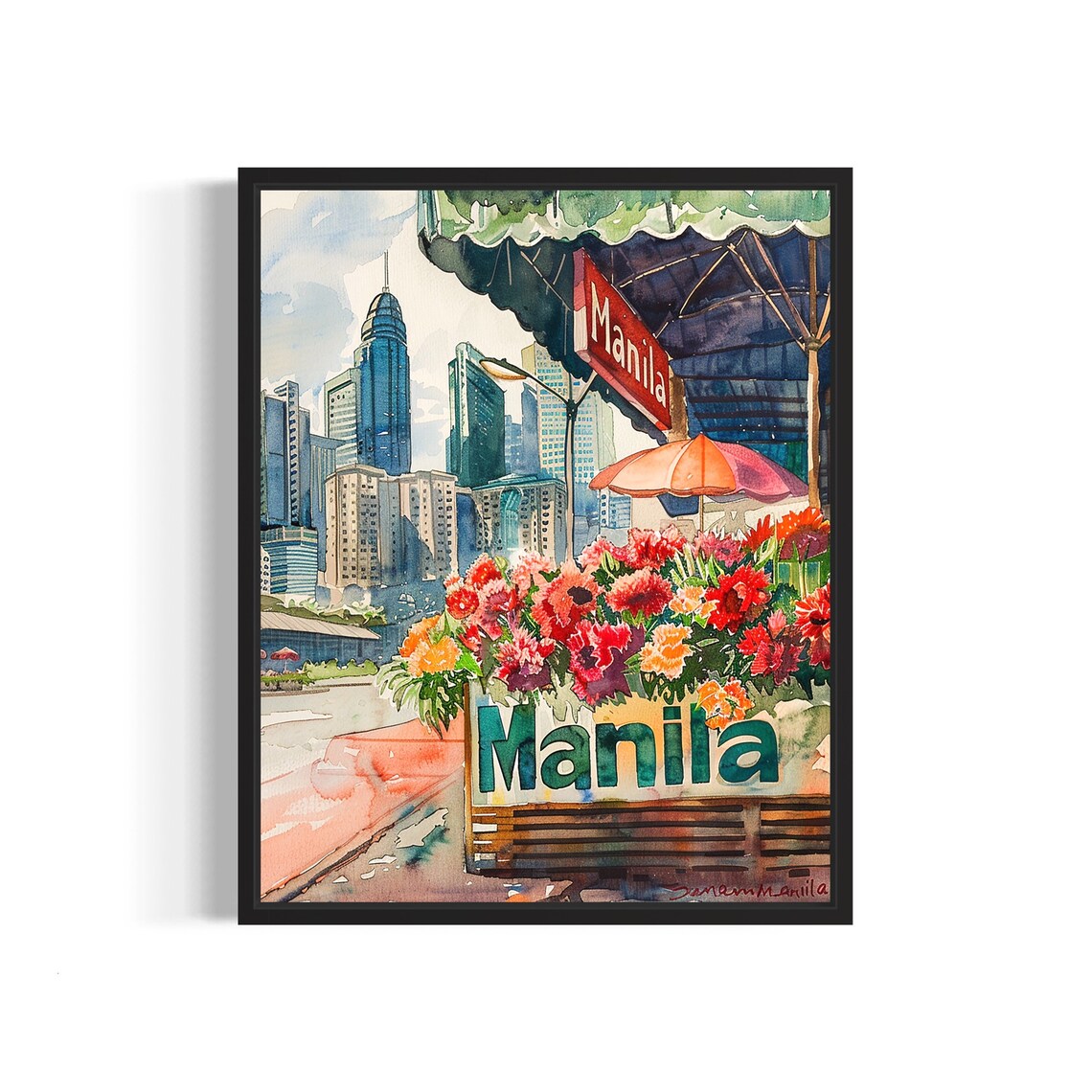 Manila Flower Market Watercolor Poster Colorful Street Cart Scene