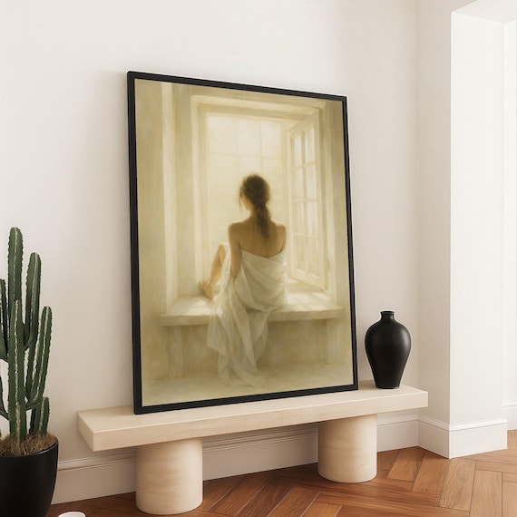 Serene Woman By Window Canvas Soft Light Bedroom Wall Art Tranquil Morning Scene Elegant Draped Fabric Home Decor Artwork