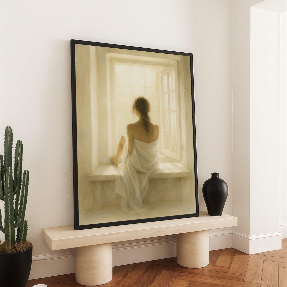 Serene Woman By Sunlit Window White Drape Soft Light Oil Print