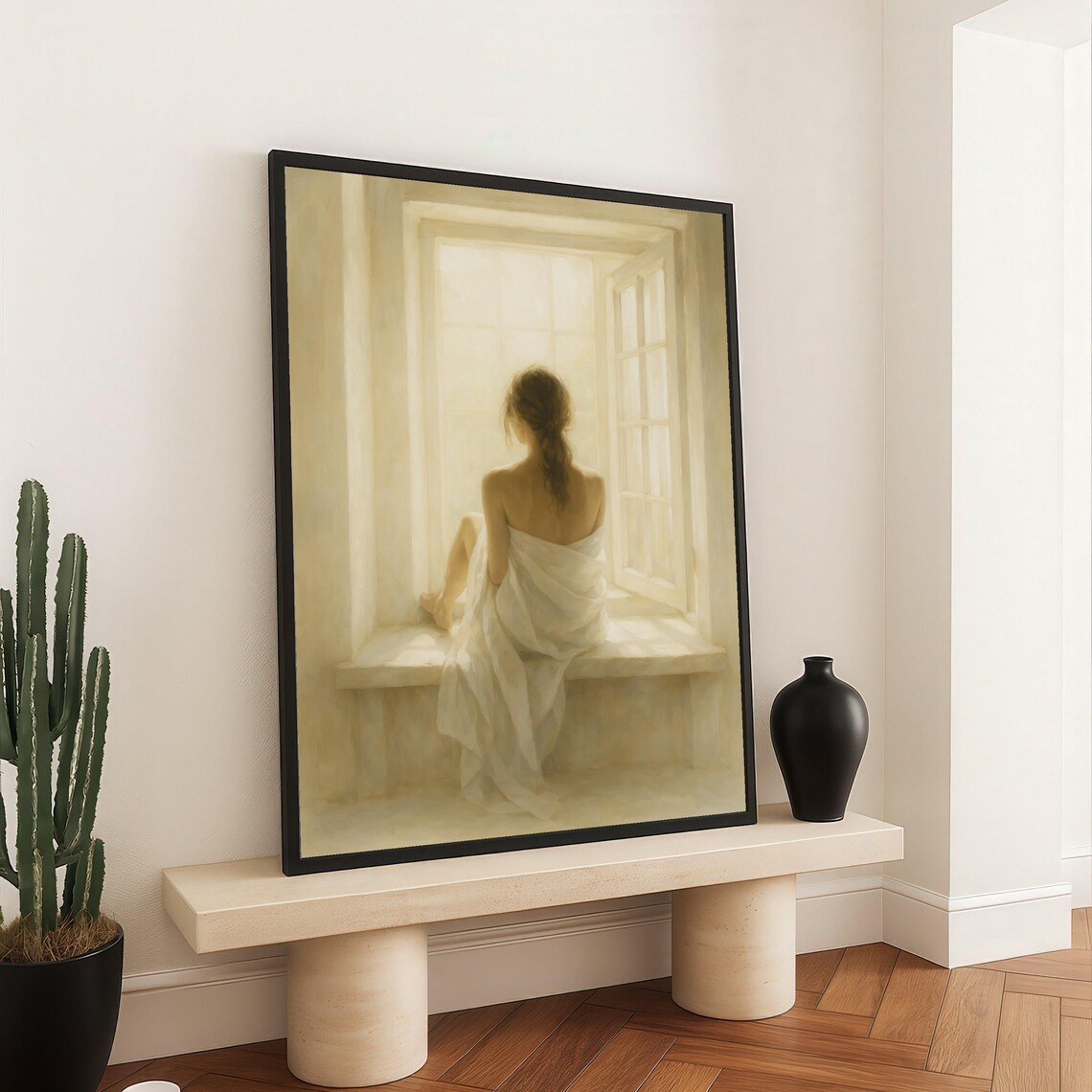 Serene Woman By Window Canvas Soft Light Bedroom Wall Art Tranquil Morning Scene Elegant Draped Fabric Home Decor Artwork