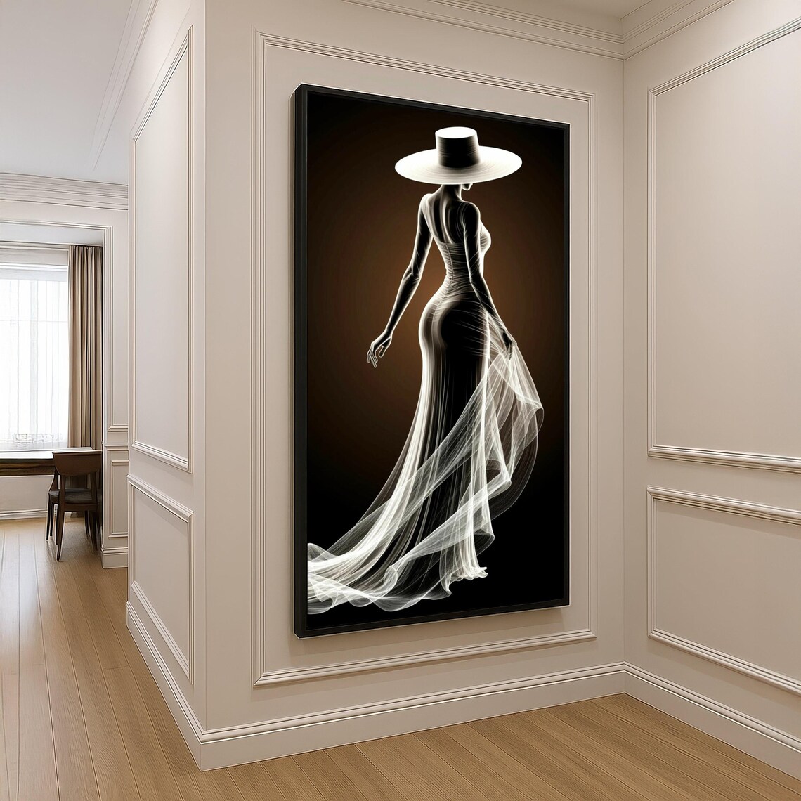 Silhouette Woman Flowing Gown Wide Brim Hat Elegant Fashion Poster