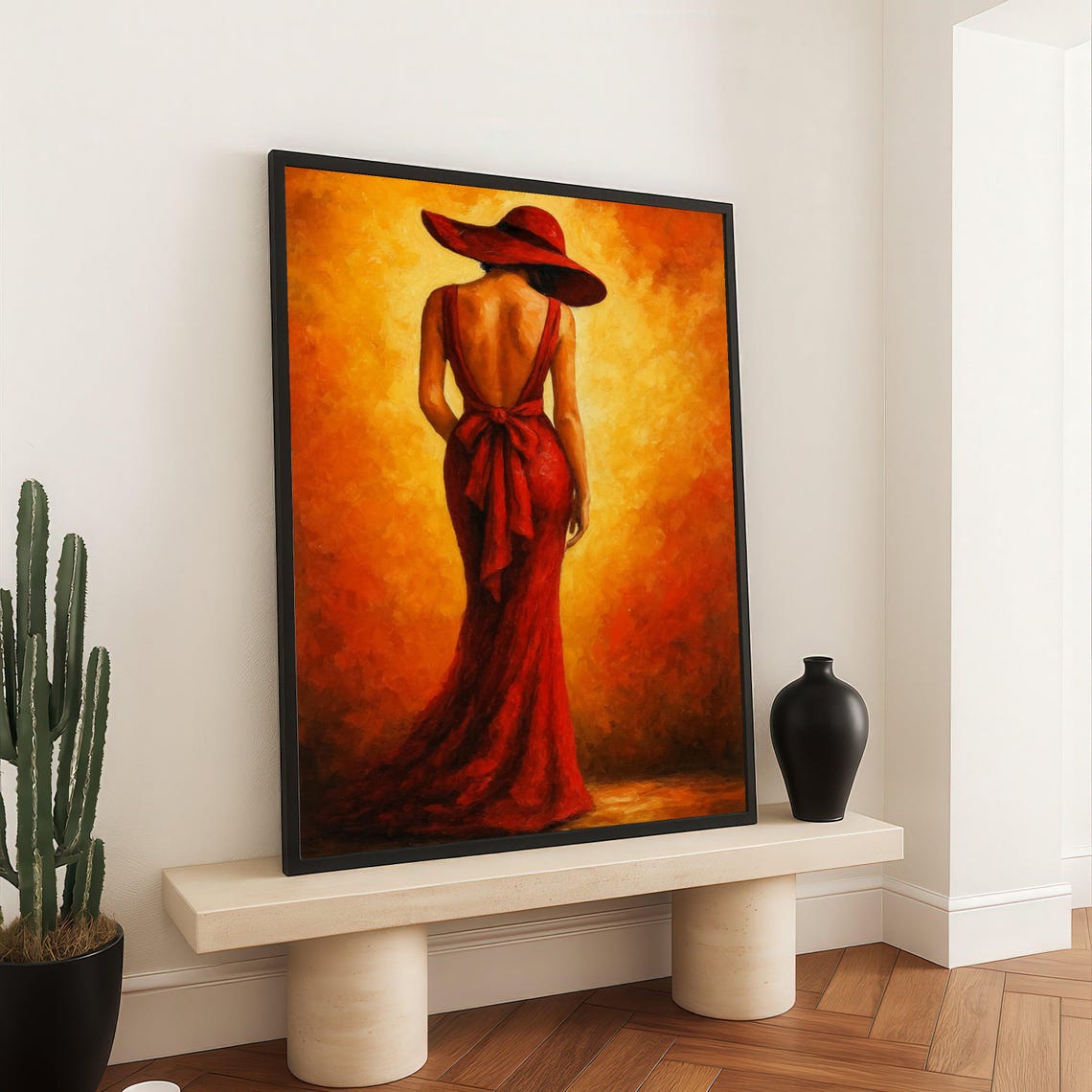 Elegant Woman In Red Dress Canvas Back View Portrait Wall Art Luxury Fashion Painting Bold And Orange Home Decor Stylish