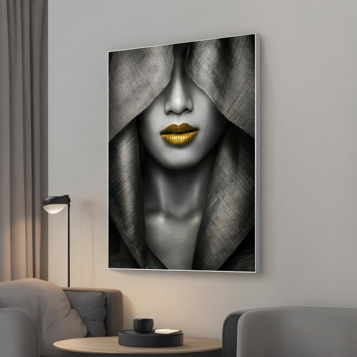 Black and White Hooded Woman Gold Lips Dramatic Fashion Art Poster