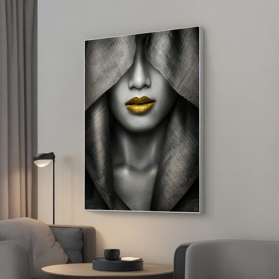 Mysterious Gold Lips Canvas Art Minimalist Grayscale Woman Portrait Glamorous Fashion Wall Modern Veiled Beauty Home Decor