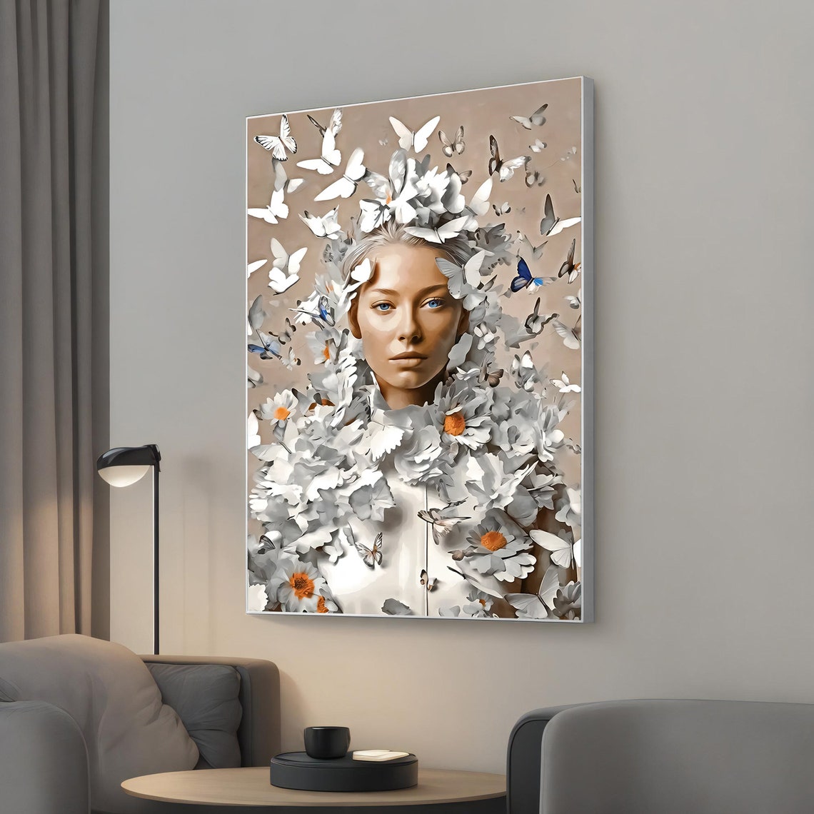 Butterfly Muse Woman Portrait With White Flowers Bloom Wall Art