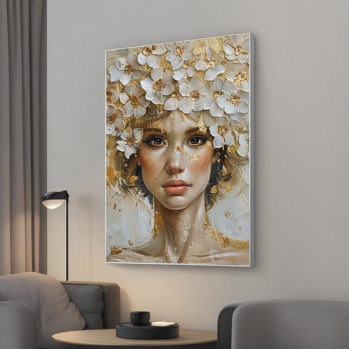Golden Woman Portrait With White Blossoms Gold Leaf Oil Poster
