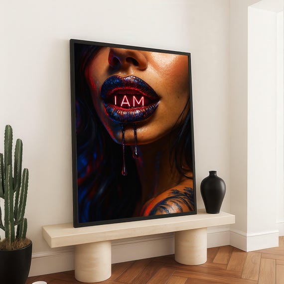 Neon I Am Lips Canvas Wall Art Bold Closeup Portrait Dark Moody Glamour Modern Statement Dripping Lipstick Artwork