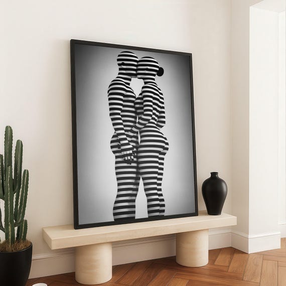 Abstract Black White Striped Couple Canvas Wall Art Modern Contemporary Nude Silhouettes Artistic Love Portrait Home Decor Print