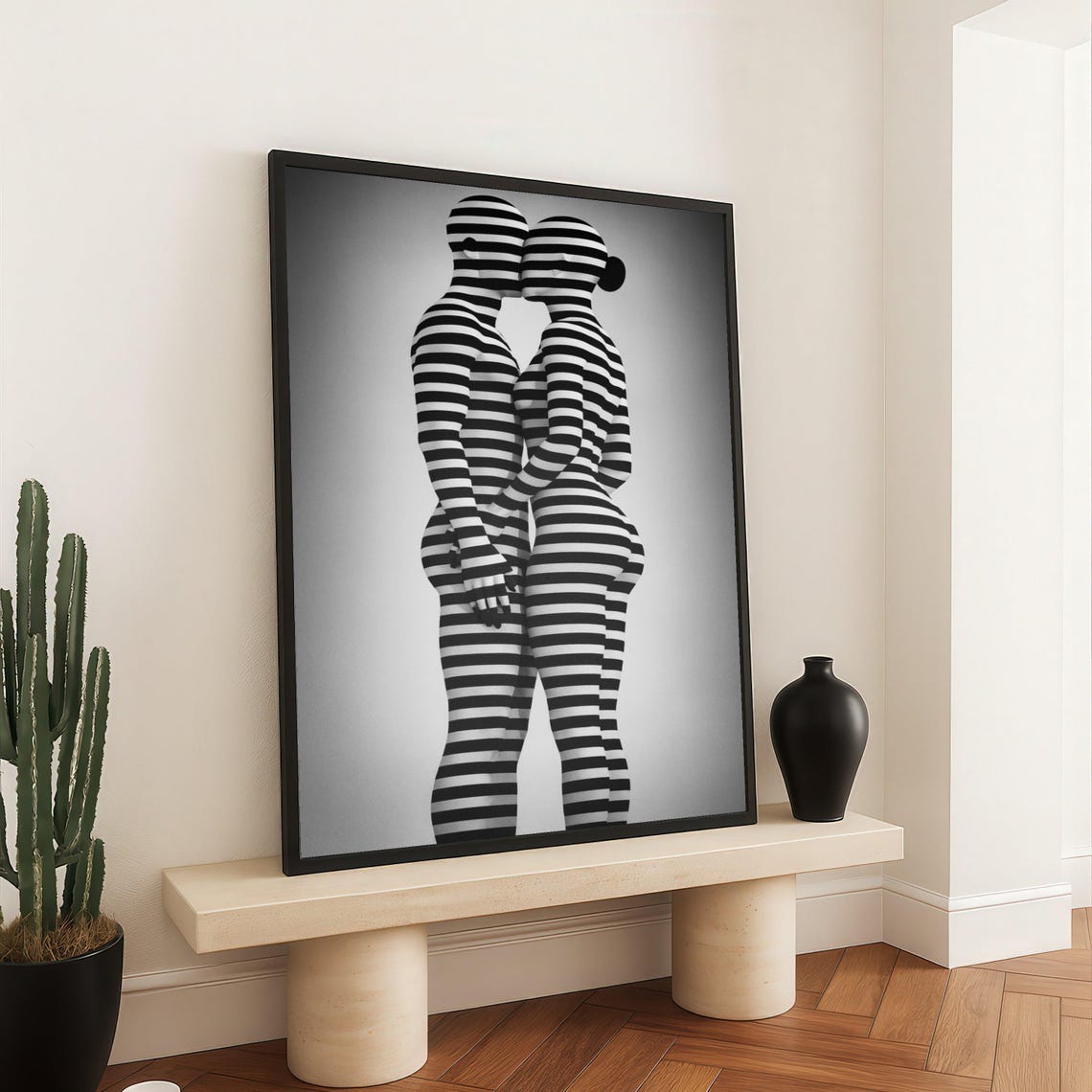 Striped Bodysuit Couple Kiss Black White Modern Optical Art Poster