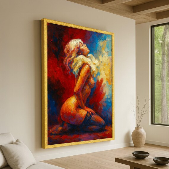 Vibrant Nude Woman Kneeling Canvas Expressionist Figurative Art Colorful Impressionist Wall Emotional Female Portrait Modern