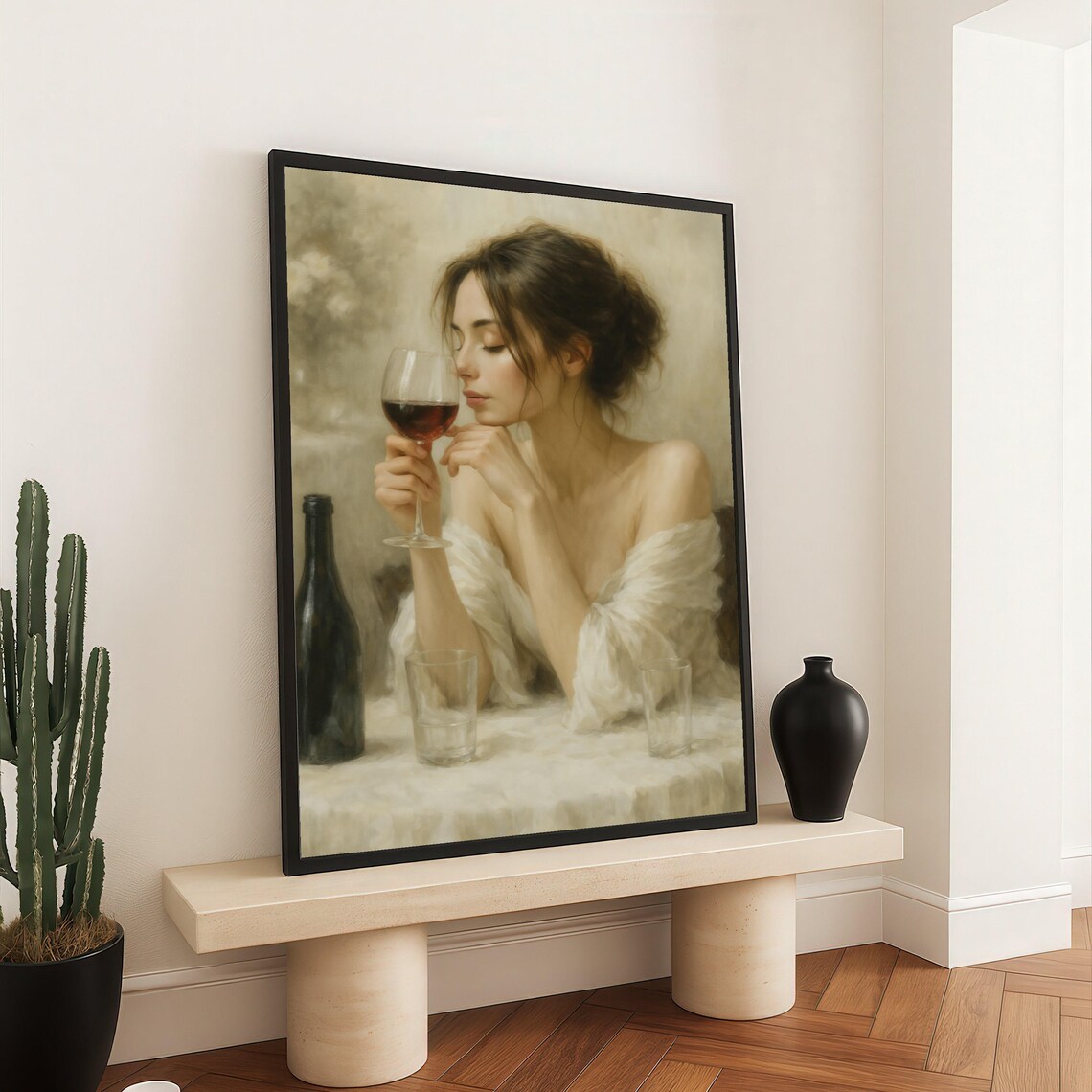 Elegant Woman Wine Glass Romantic Oil Portrait Candlelit Wall Art