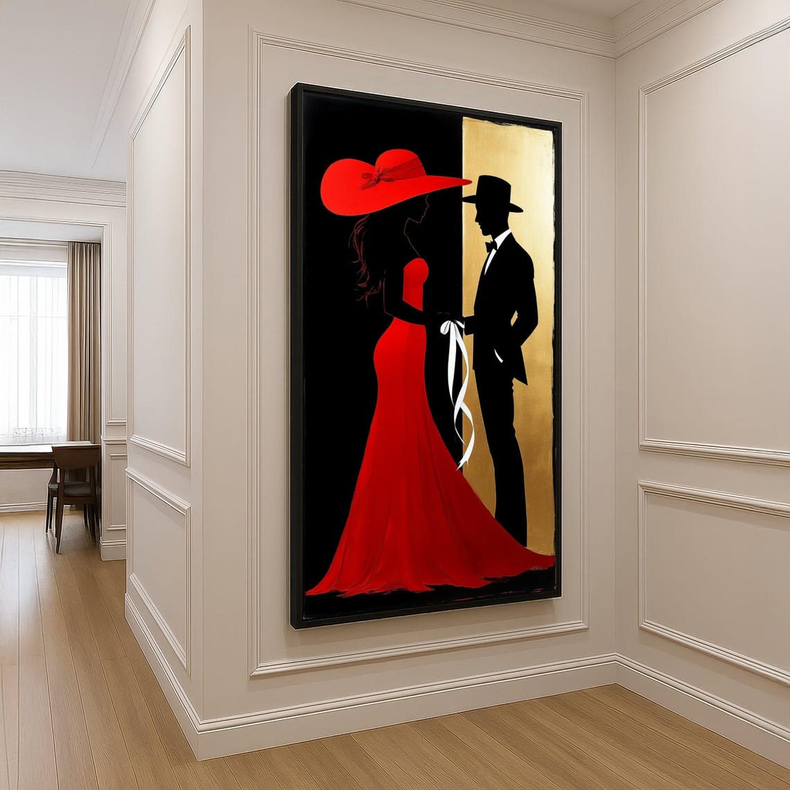 Red Dress Lady Black Gold Couple Silhouette Elegant Evening Poster