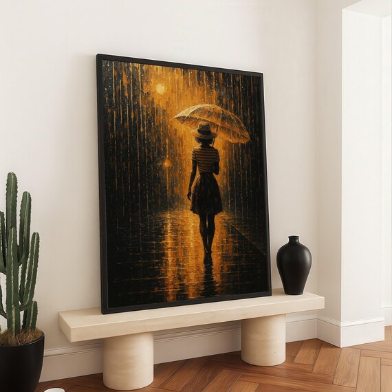 Woman With Umbrella in Rain Poster Golden Night Romantic Reflection Art