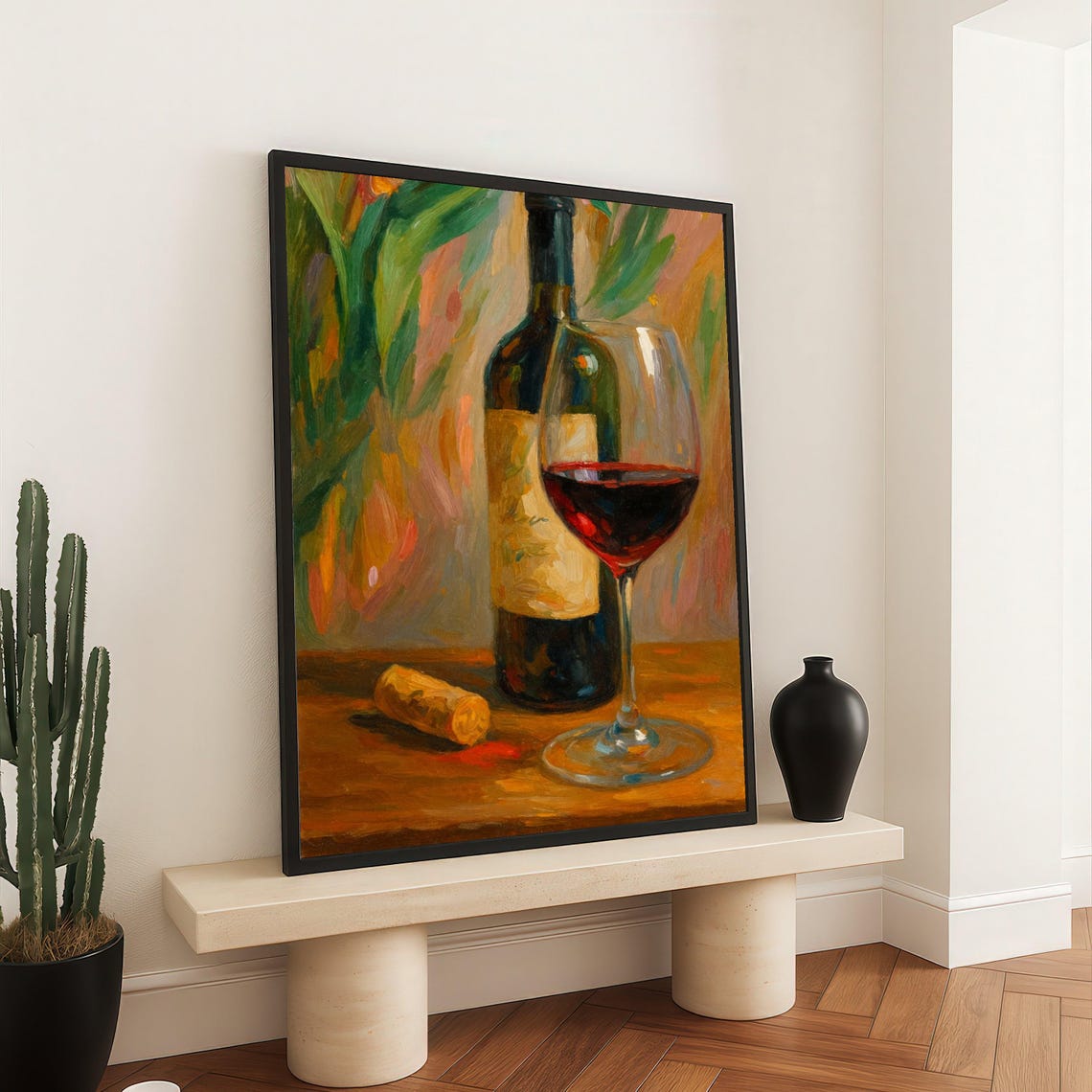 Red Wine Bottle Glass And Cork Rustic Still Life Painting Poster