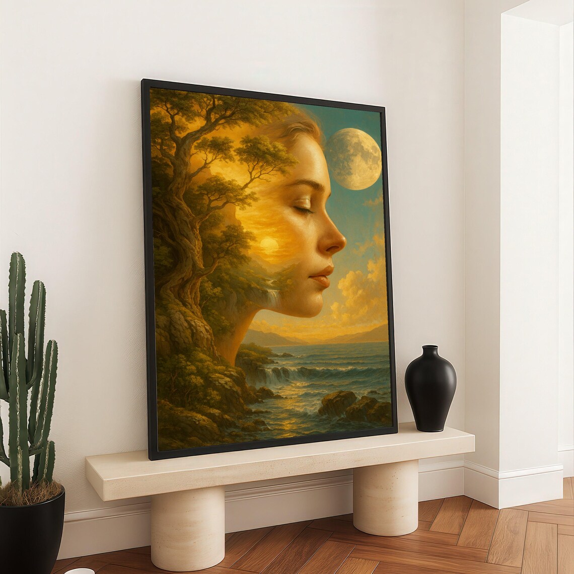Surreal Woman Profile Fused With Ocean Waves And Full Moon Poster