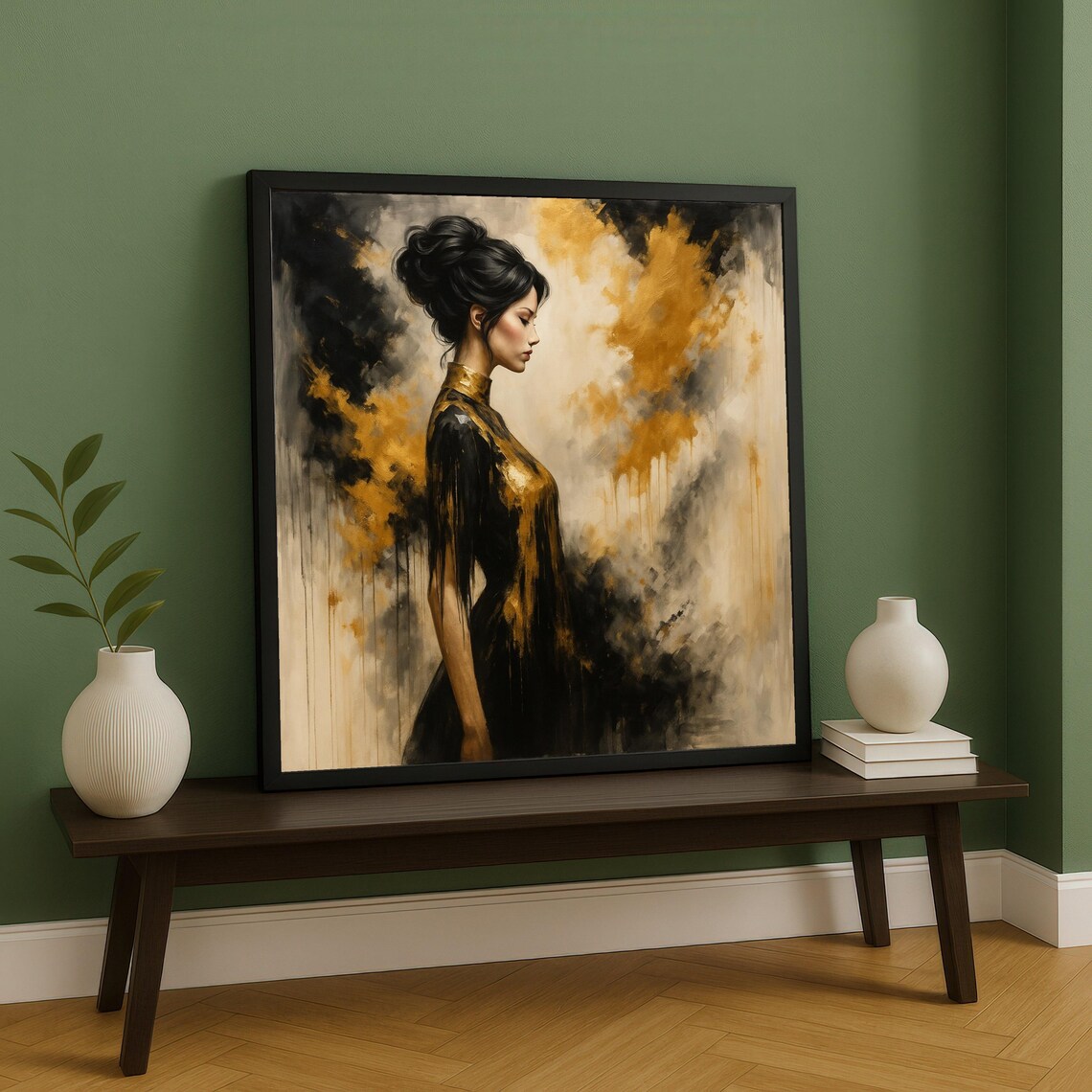 Elegant Woman in Black and Gold Abstract Portrait Art Poster