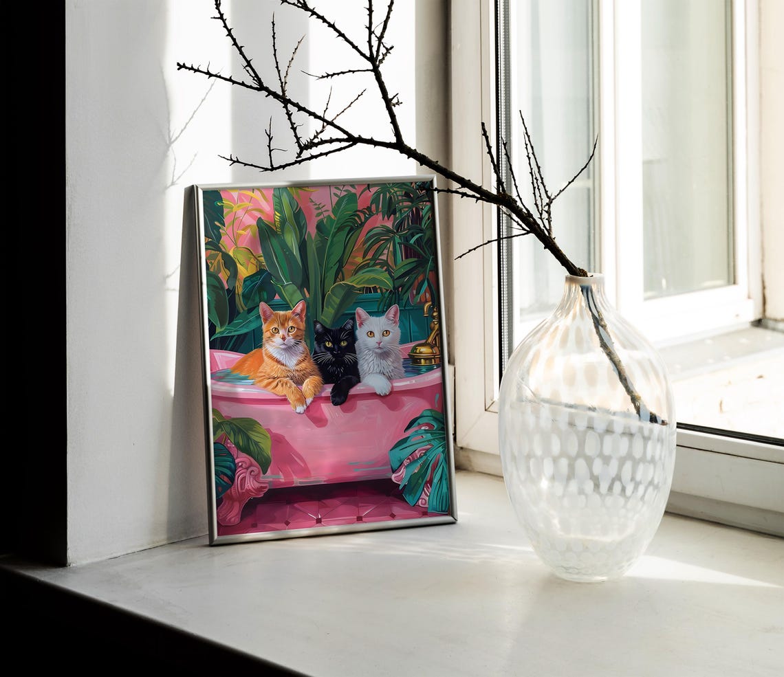 Three Cats Pink Clawfoot Bathtub Tropical Leaves Cute Poster - Image 2