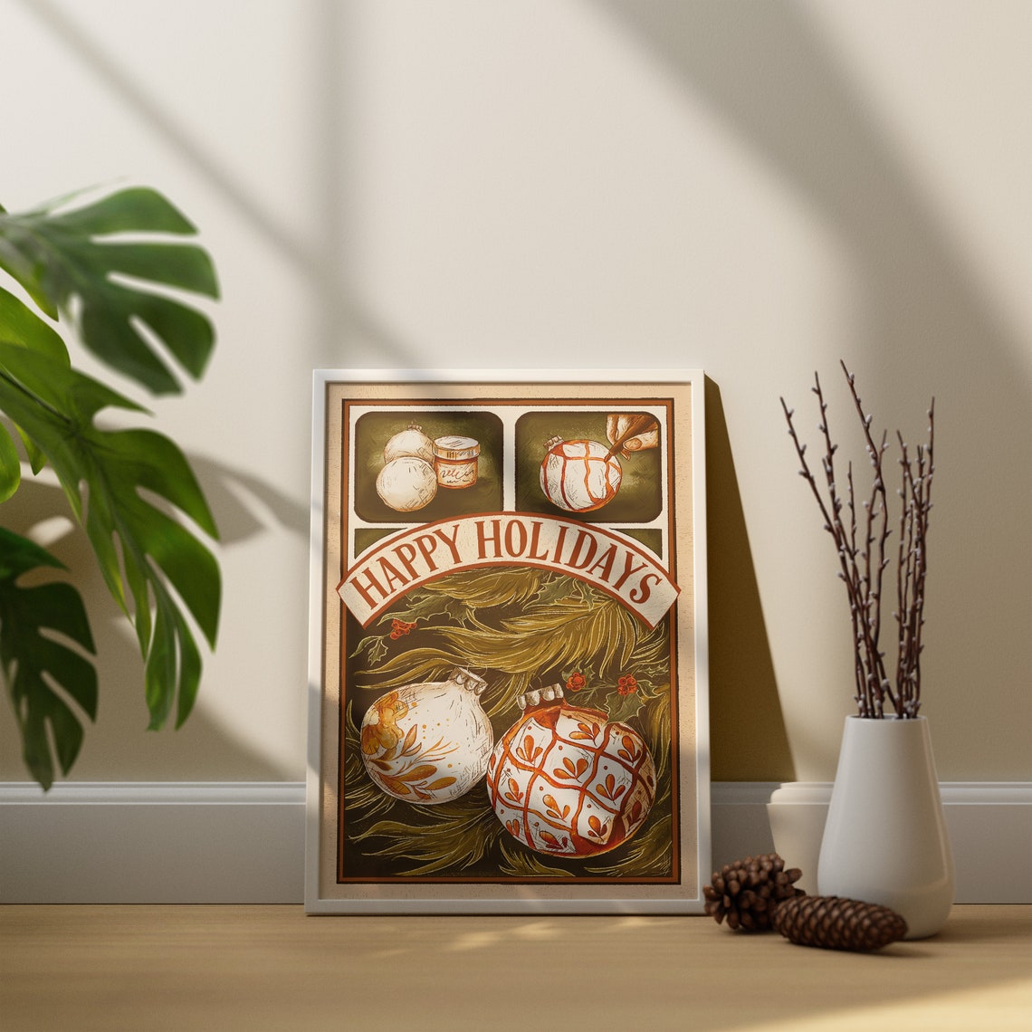 Happy Holidays Hand-Painted Ornaments Vintage Festive Poster - Image 2