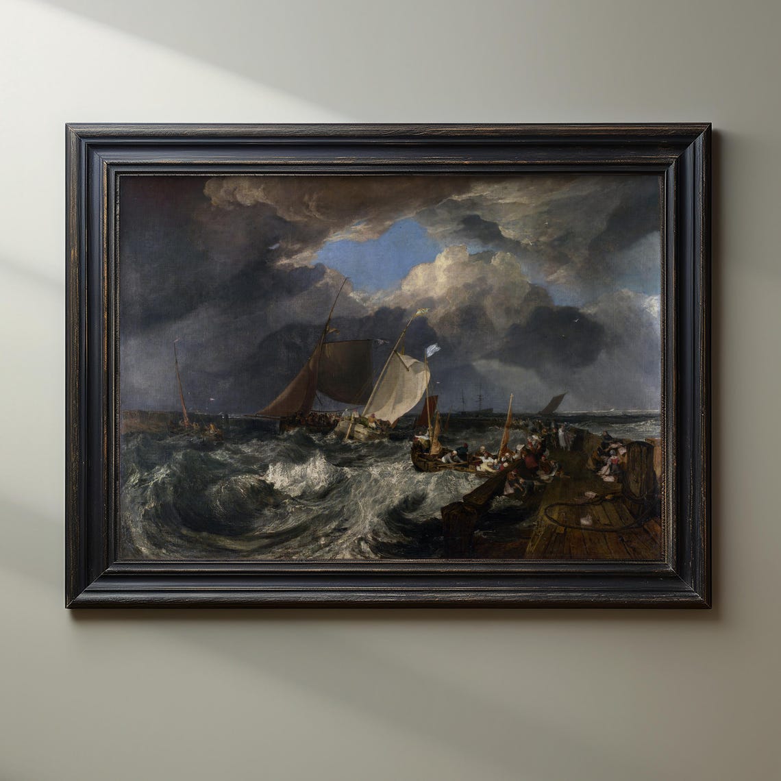 Romantic Era Stormy Seascape with Sailing Boats by a Pier Poster