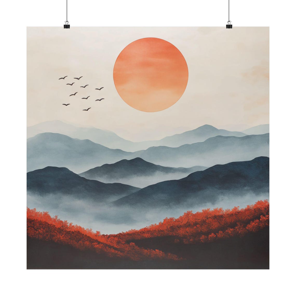 Red Sun Over Misty Mountains Japanese Style Landscape Poster - Image 2