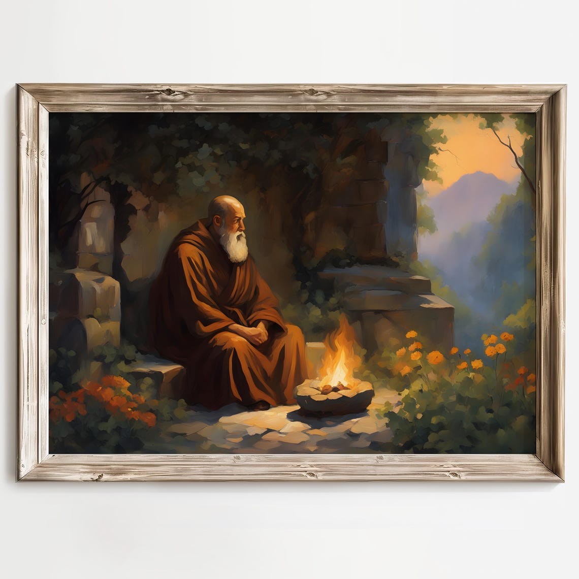 Elderly Monk Resting Beside a Campfire at Dusk in a Garden Poster - Image 2