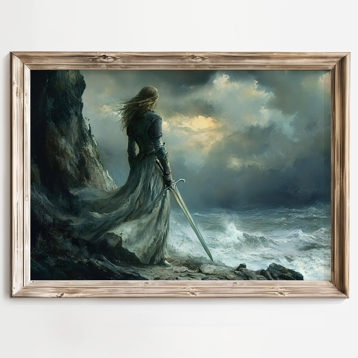 Stormy Cliff Female Warrior With Sword Dark Fantasy Seascape Poster - Image 3