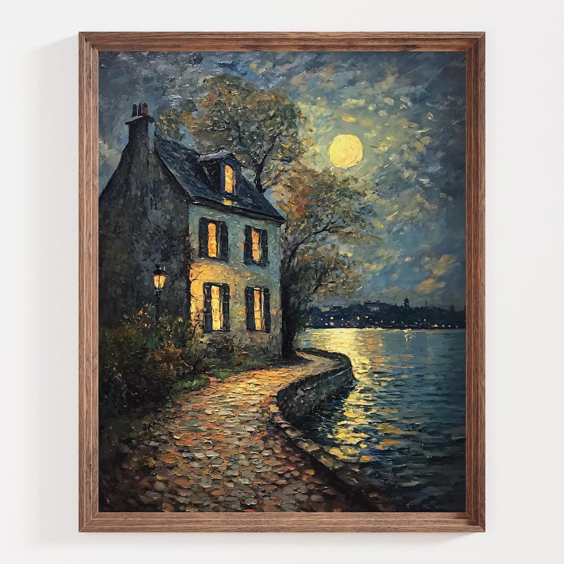 Romantic Moonlit Cottage Impressionist Nightscape River Reflections Art Print Cozy Home By Water Warm Window Glow Evening Serenity