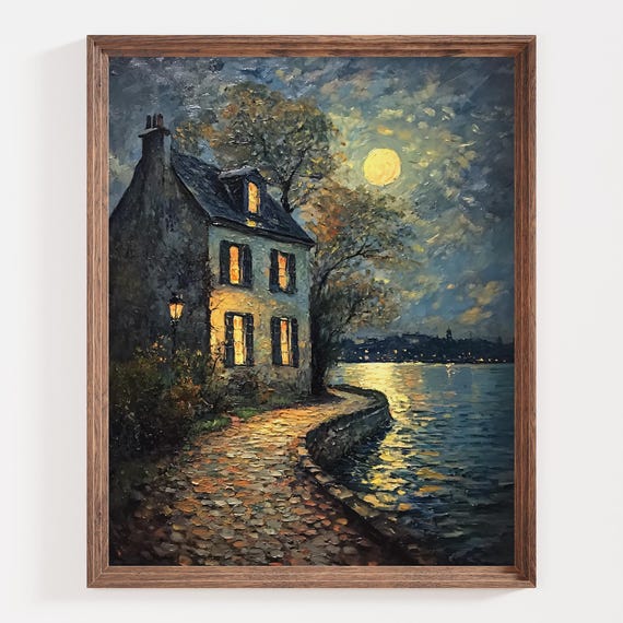 Romantic Moonlit Cottage Impressionist Nightscape River Reflections Art Print Cozy Home By Water Warm Window Glow Evening Serenity