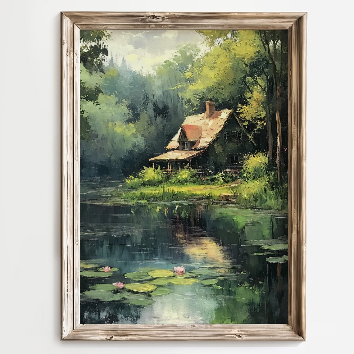 Rustic Cottage Water Lily Pond Landscape Art Print - Image 4