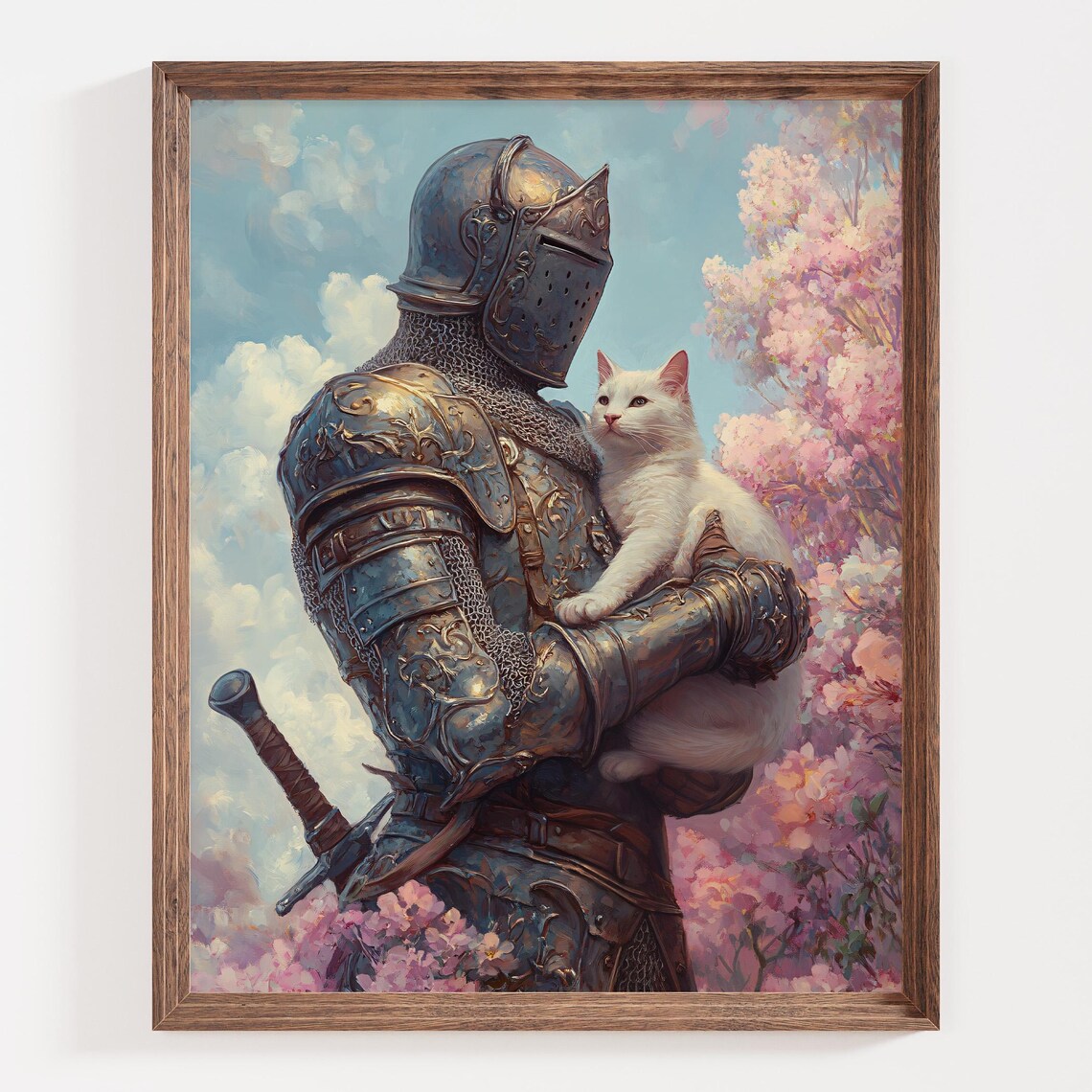 Knight With Cat, Whimsical Medieval Armor Poster Print
