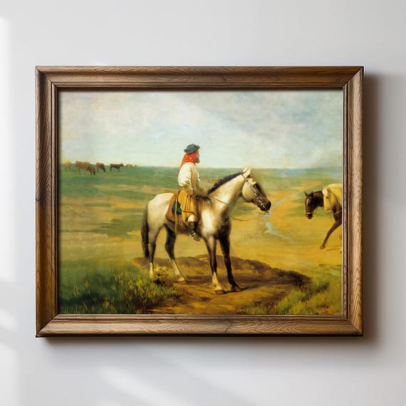 Vintage Western Art Print Man On Horseback Painting Prilidiano Pueyrredon Artwork Pastoral Landscape Artwork Rustic Country Decor