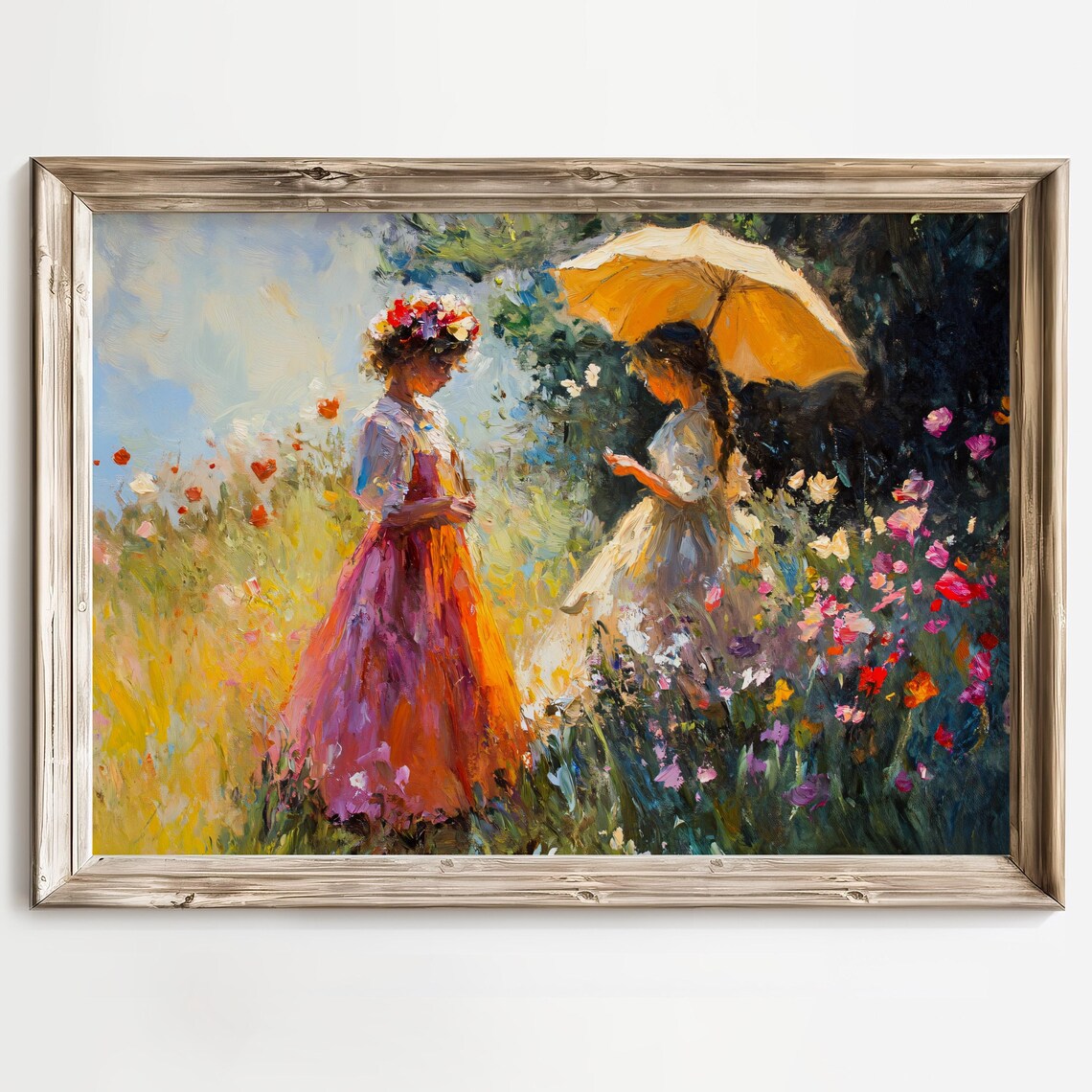Two Women in Vintage Dresses Strolling a Blooming Garden Poster