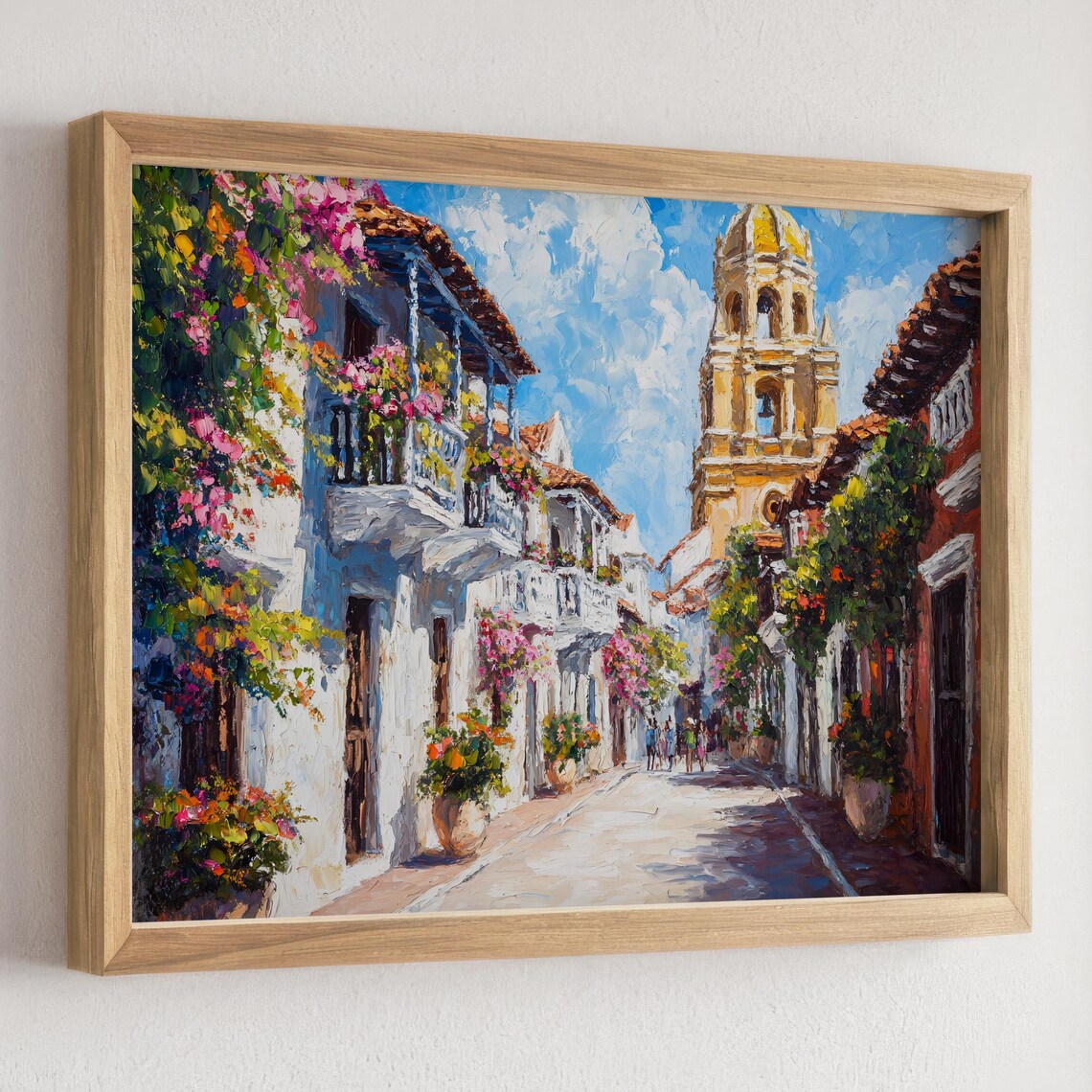 Colorful Colonial Street with Historic Golden Bell Tower Poster - Image 3